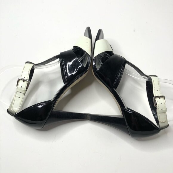 Franco SARTO Shiny Black Silver Patent Leather T-Strap Colorblock Sandal Heels - Picture 4 of 13